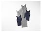Set van vijf tanktops, drie grijze en twee donkerblauwe.