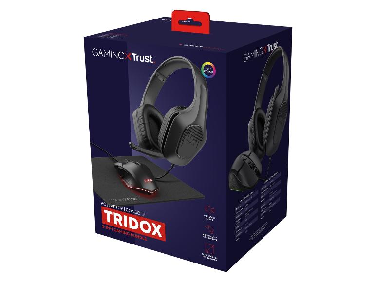Gamingheadset, muis en muismat bundel in een doos, met zichtbare productspecificaties.