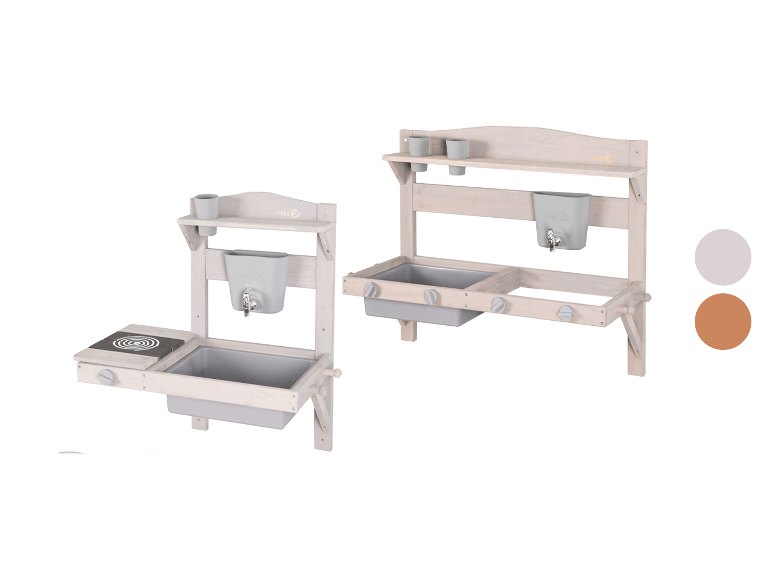 Roba kinderspeelkeuken met twee spoelbakken en planken, verkrijgbaar in twee kleuren.