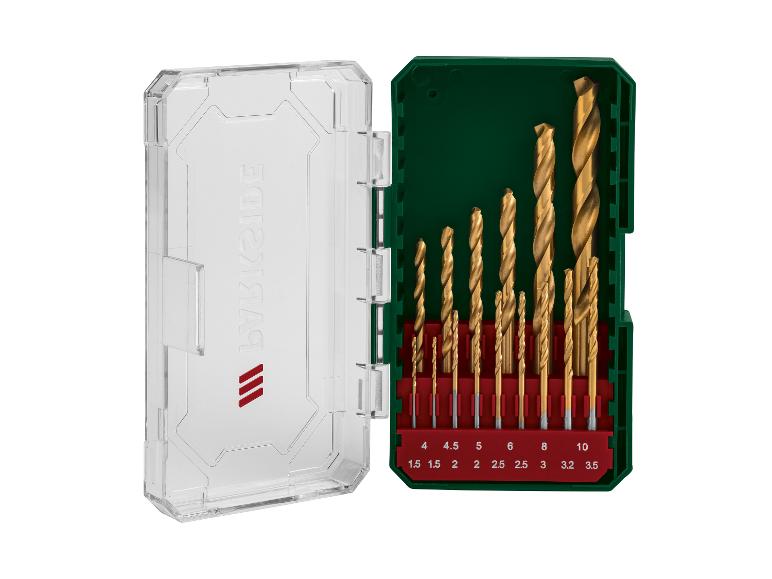 Parkside boorset in een transparante plastic doos.