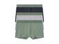 Drie paar boxershorts in groene, grijze en donkerblauwe kleuren.