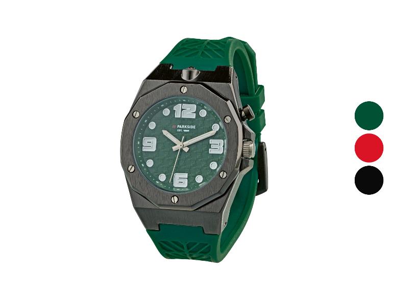 Groen herenhorloge met een donkergrijze kast en een groen rubberen bandje.