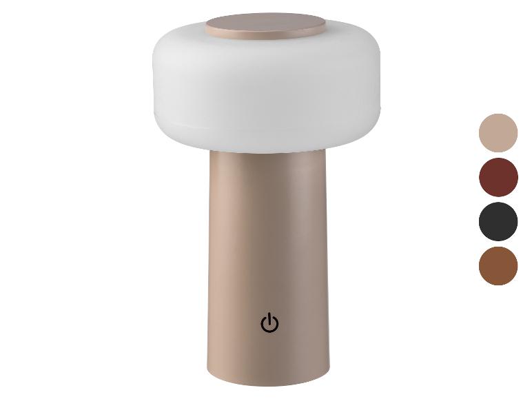 Draagbare tafellamp met een beige voet en witte kap, voorzien van een aan/uit-knop.