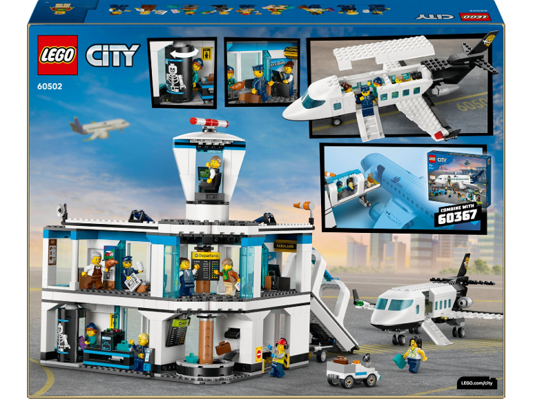 Bouwspeelgoeddoos van een luchthaven met terminal, vliegtuig en minifiguren.