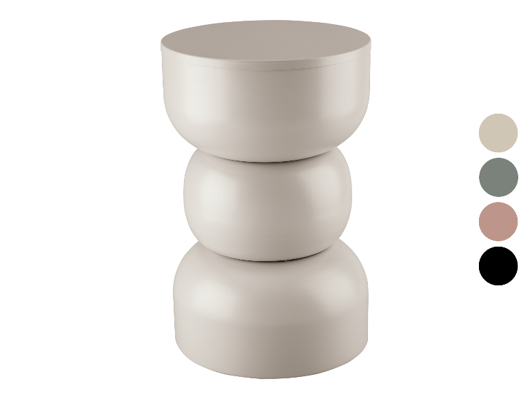 Lichtbeige zandloper-vormige bijzettafel met kleurstalen voor beige, groen, roze en zwart.