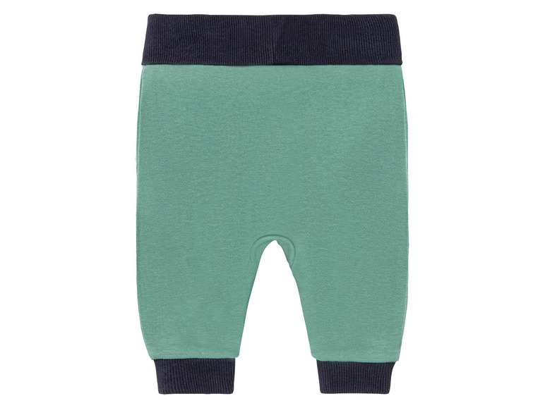 Groene broek met donkerblauwe boord.