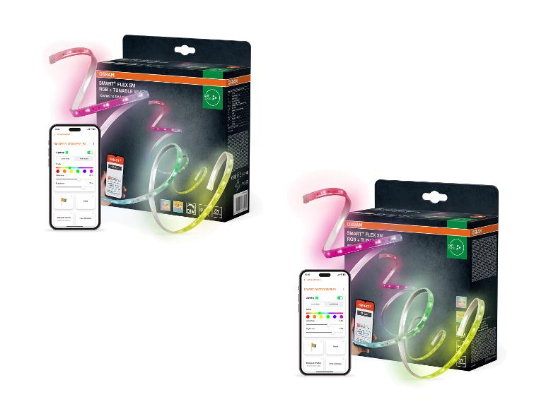 Twee slimme LED-strips met afstandsbedieningsapp die kleur- en helderheidsinstellingen toont.