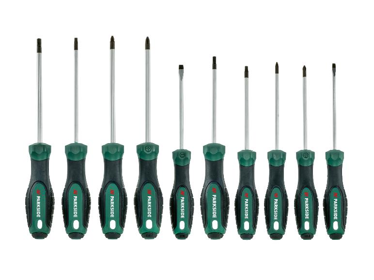 Een set van tien schroevendraaiers met groene en zwarte handvatten, inclusief platte en kruiskop.