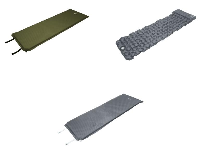 Drie verschillende slaapmatten: een groen zelfopblaasbaar, een grijs opblaasbaar met kussen en een grijs zelfopblaasbaar.