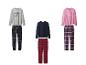 Drie sets pyjamabovenstukken met lange mouwen en geruite pyjamabroeken.