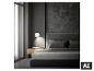 Moderne slaapkamer met bed, nachtkastje en wandlamp.