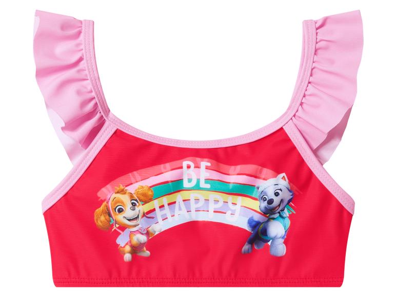 Rode bikinitop met roze ruches, puppyprint en regenboog met de tekst 'BE HAPPY'.