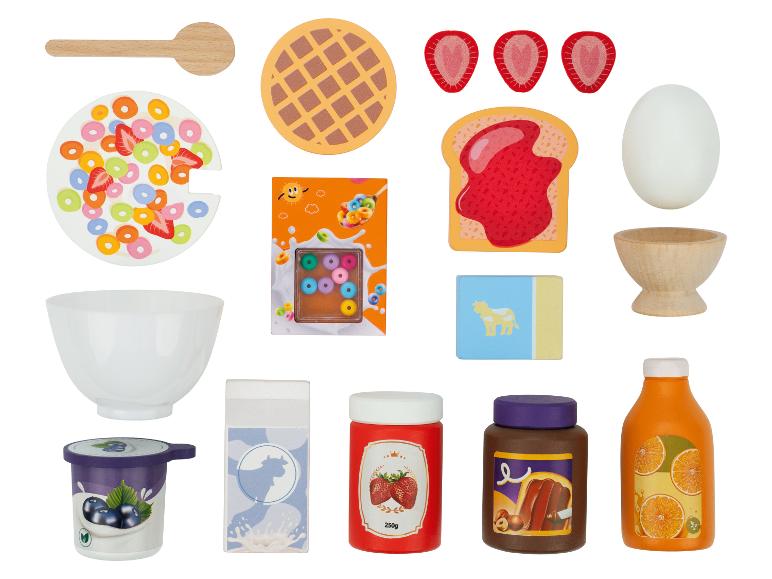 Ontbijtspeelset met ontbijtgranen, wafel, toast, ei, yoghurt, melk, jam, chocoladepasta en sinaasappelsap.