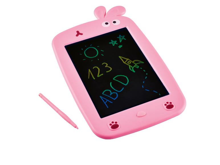 Roze kindertekenbord met pen, waarop zon, sterren, cijfers en letters zijn getekend.