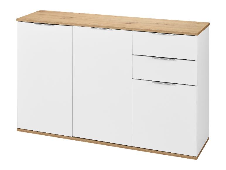 Wit dressoir met drie deuren en drie laden, met hout-effect blad en onderstel.