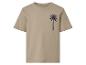 Beige T-shirt met donkere palmboomprint op de borst.