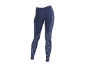 Donkerblauwe dames sportlegging met lichtgrijze verticale strepen en een subtiel logo.