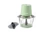 Groene hakmolen met glazen kom en accessoires, met ml- en oz-aanduidingen.