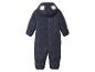Donkerblauwe gewatteerde winteroverall met capuchon en pluizige oren.