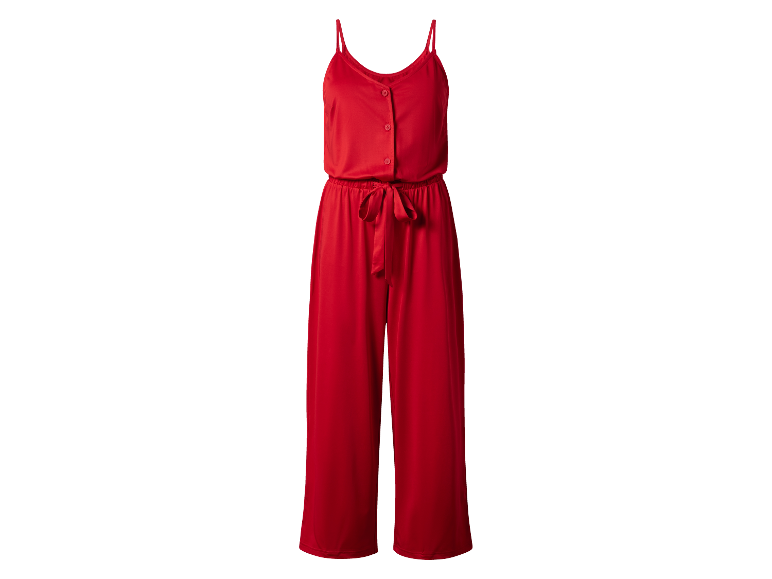 Rode jumpsuit met knopen en ceintuur.