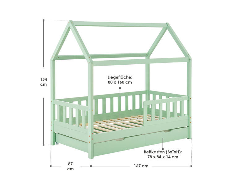 Een lichtgroen houten bed met twee laden en een dakvormig frame.