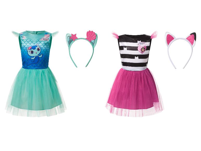 Gabby's Dollhouse kostuums: een zeemeerminjurk in groenblauw met kattenoren en een zwart-wit gestreepte jurk met kattenoren.