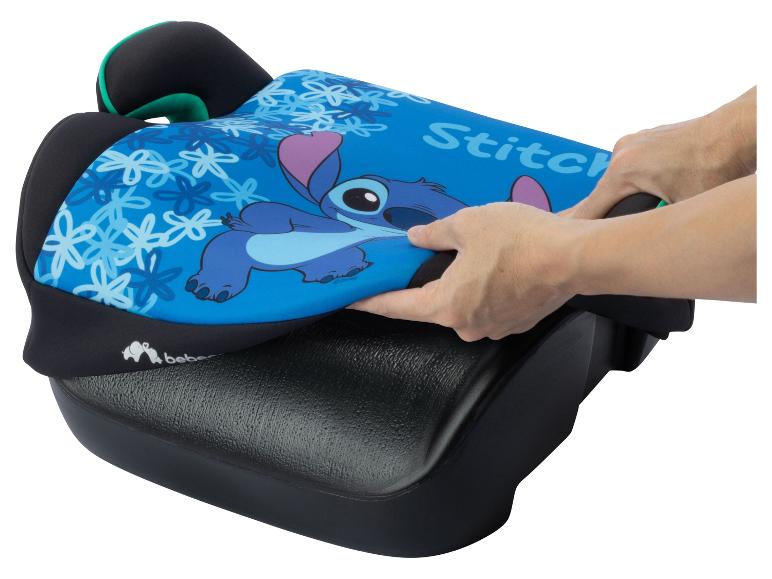 Stitch-thema zitverhoger autostoel met blauwe hoes met Stitch en bloemenpatronen