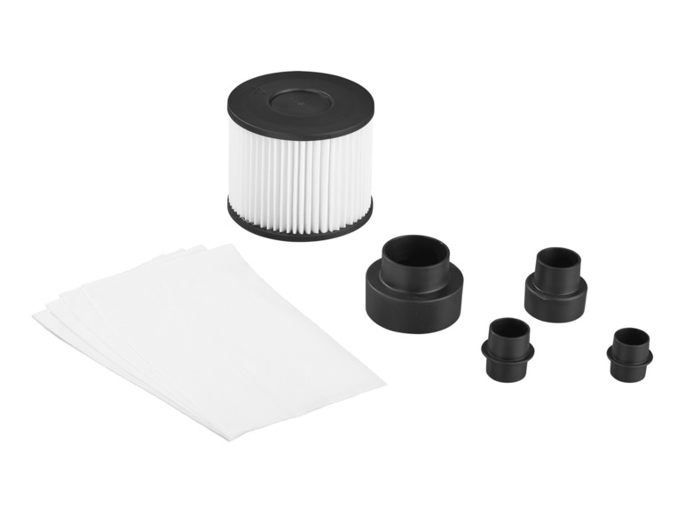 Een vacuümfilter, stofzakken en accessoires.