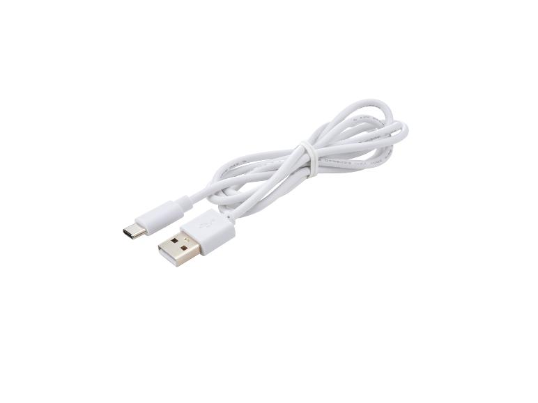 Witte USB-A naar USB-C oplaadkabel, opgerold en vastgezet met een tie-wrap