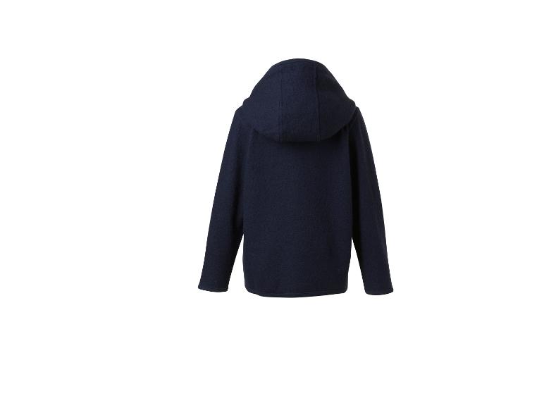Donkerblauwe jas met capuchon, achterkant.