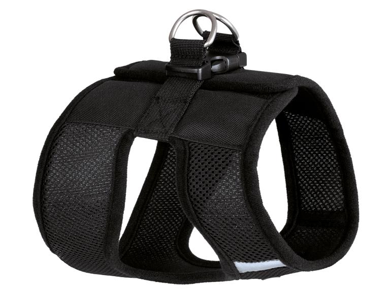 Zwarte, comfortabele en ademende hondenharnas.