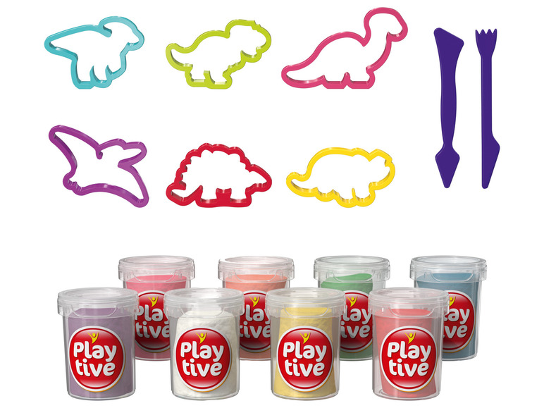 Play-Doh met dino-vormpjes en gereedschap.