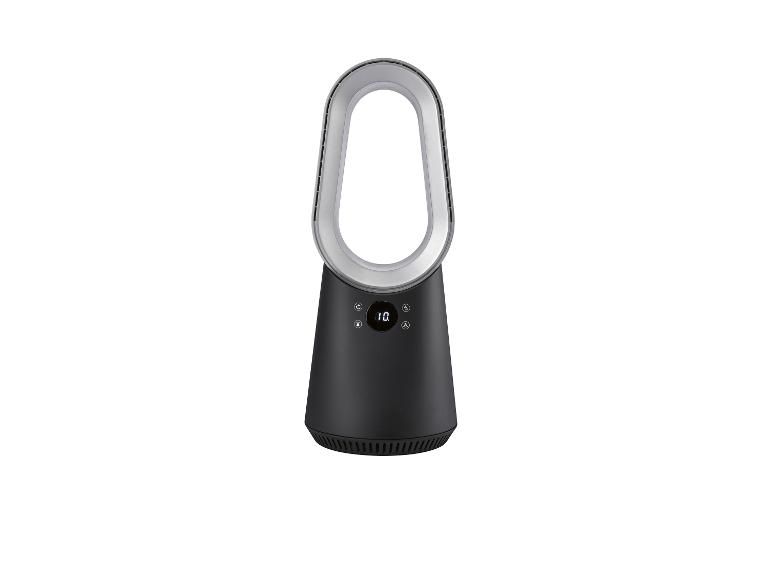 Zwart-zilveren bladeloze ventilator met digitaal display dat het nummer 10 toont.