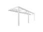 Witte metalen pergola met doorschijnend dak, vanuit een laag perspectief.