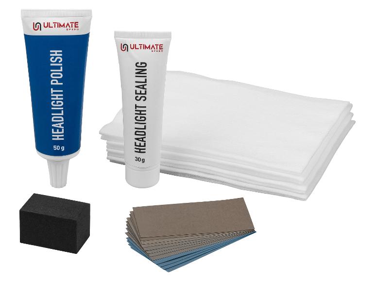 Koplamp polijst- en afdichtingsset, inclusief twee tubes, sponzen en doeken.