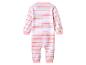 Roze en beige gestreepte baby romper met lange mouwen.