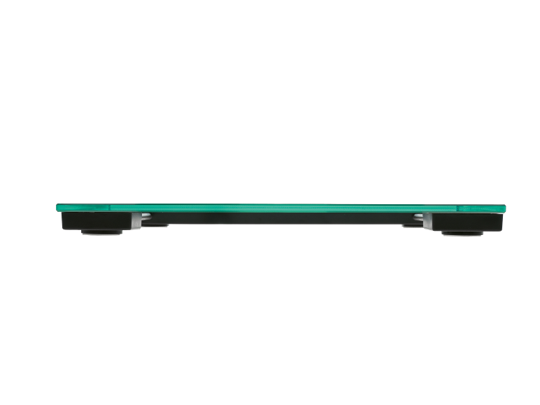 Groene glazen weegschaal, zijaanzicht.