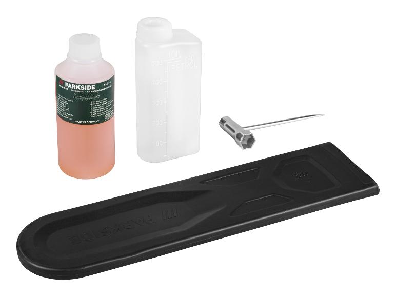 Parkside kettingzaagaccessoires: bio kettingolie, maatfles, sleutel en zaagbladbeschermer