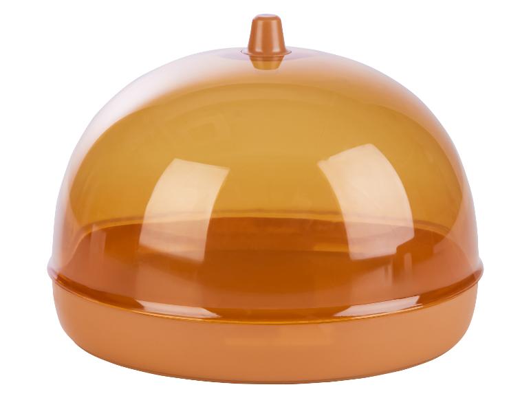 Een oranje plastic doos met een transparant deksel.