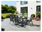 Terras eethoek met zwarte tafel en zes stoelen met groene kussens op een betegeld terras.