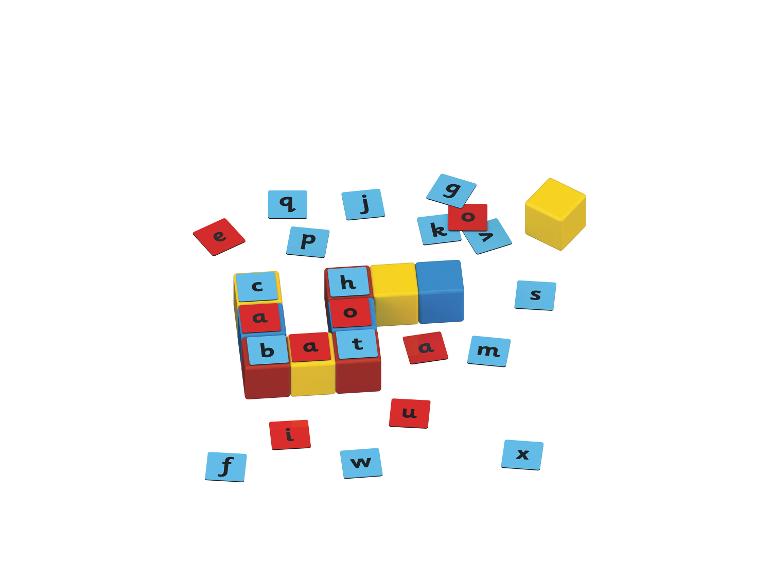 Letterblokken en -tegels die 'cab' en 'hot' spellen, met losse letters verspreid.