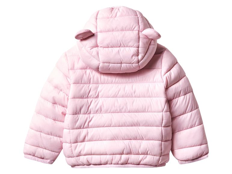 Roze baby winterjas met capuchon.