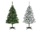 Twee kunstkerstbomen, één groen en één besneeuwd, op een witte achtergrond.