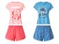 Damespyjama's met T-shirt en korte broek: een roze met Minnie Mouse en een blauwe met Stitch.