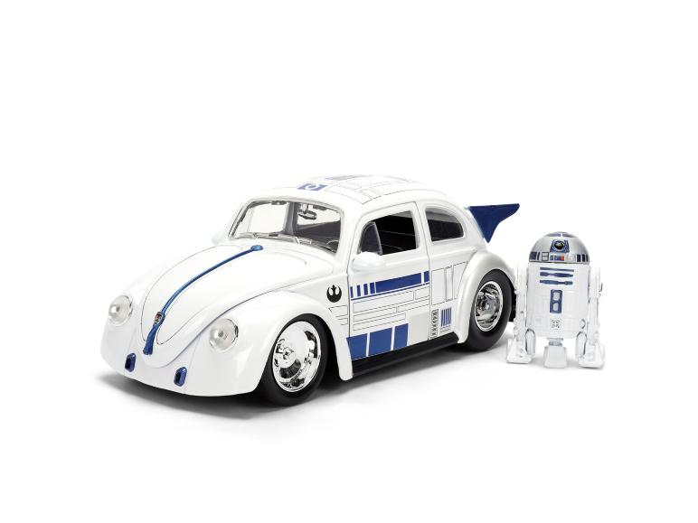 Wit Kever-stijl automodel met blauwe details en een robotfiguur.