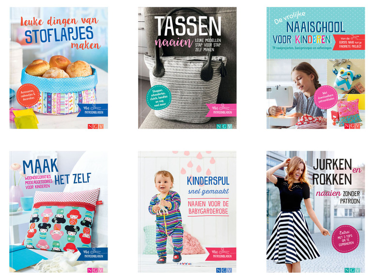 Boeken met naaipatronen voor tassen, kinderkleding en accessoires.