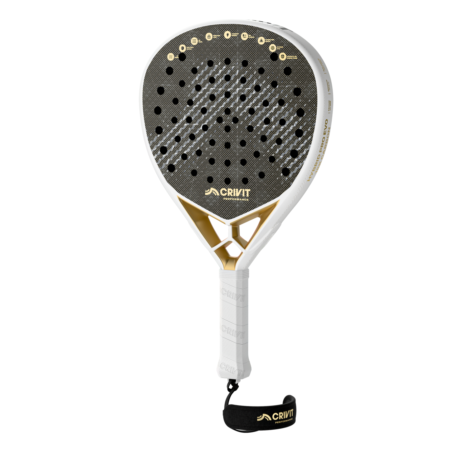CRIVIT Performance Padelracket Hybrid Pro Evo 18K Carbon (Wit/goud)