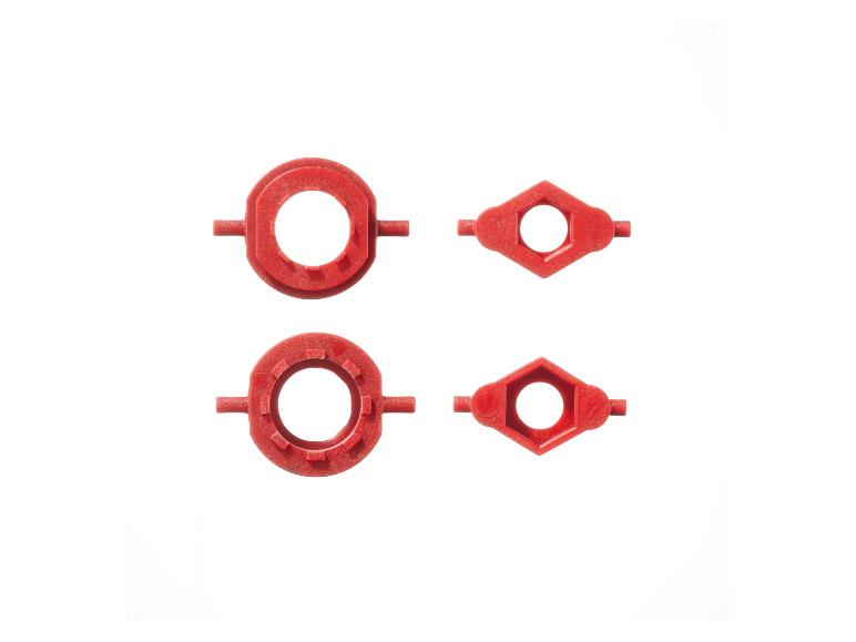 Vier rode plastic onderdelen met gaten.