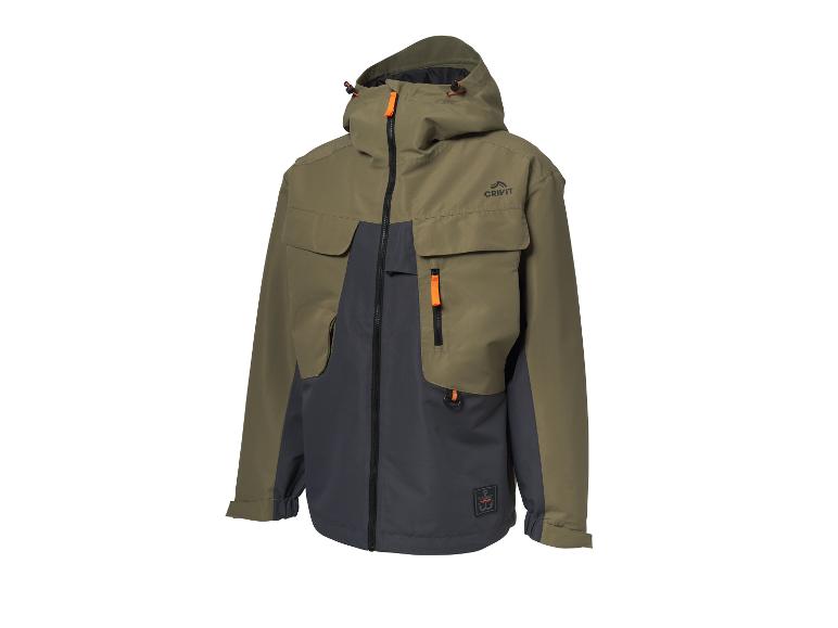 Khaki en donkergrijze outdoor herenjas met oranje details.