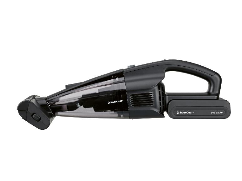 Zwarte draadloze handstofzuiger met transparant reservoir en 24V 2.5Ah accu.